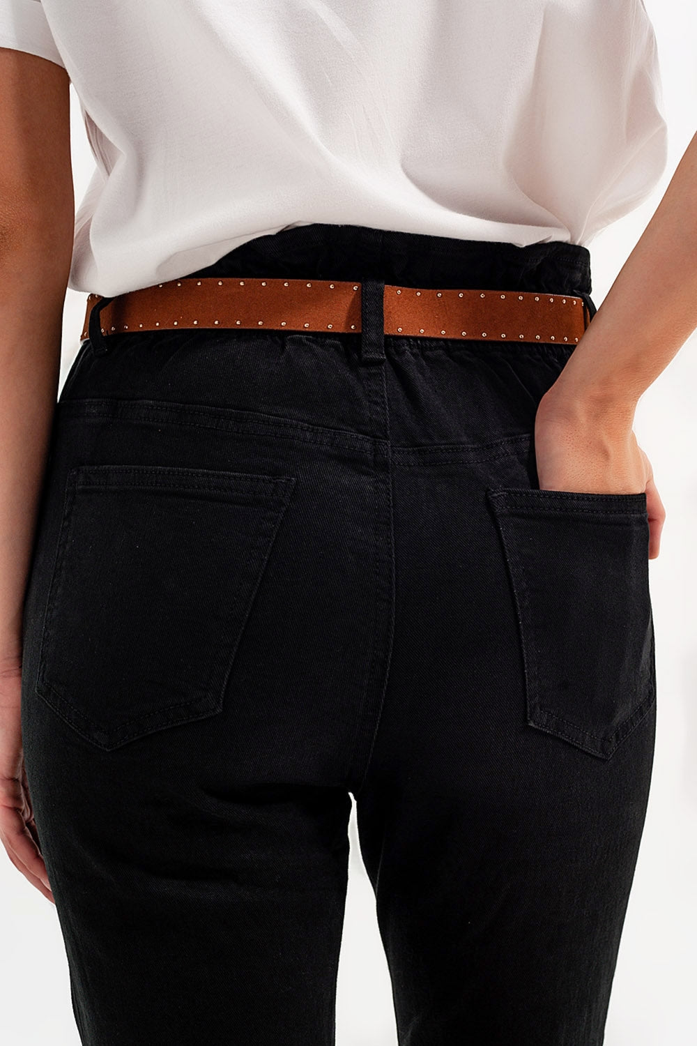 Stretch paperbag waist straigh Jeans in black Q2 Jeans BoutiqueLua