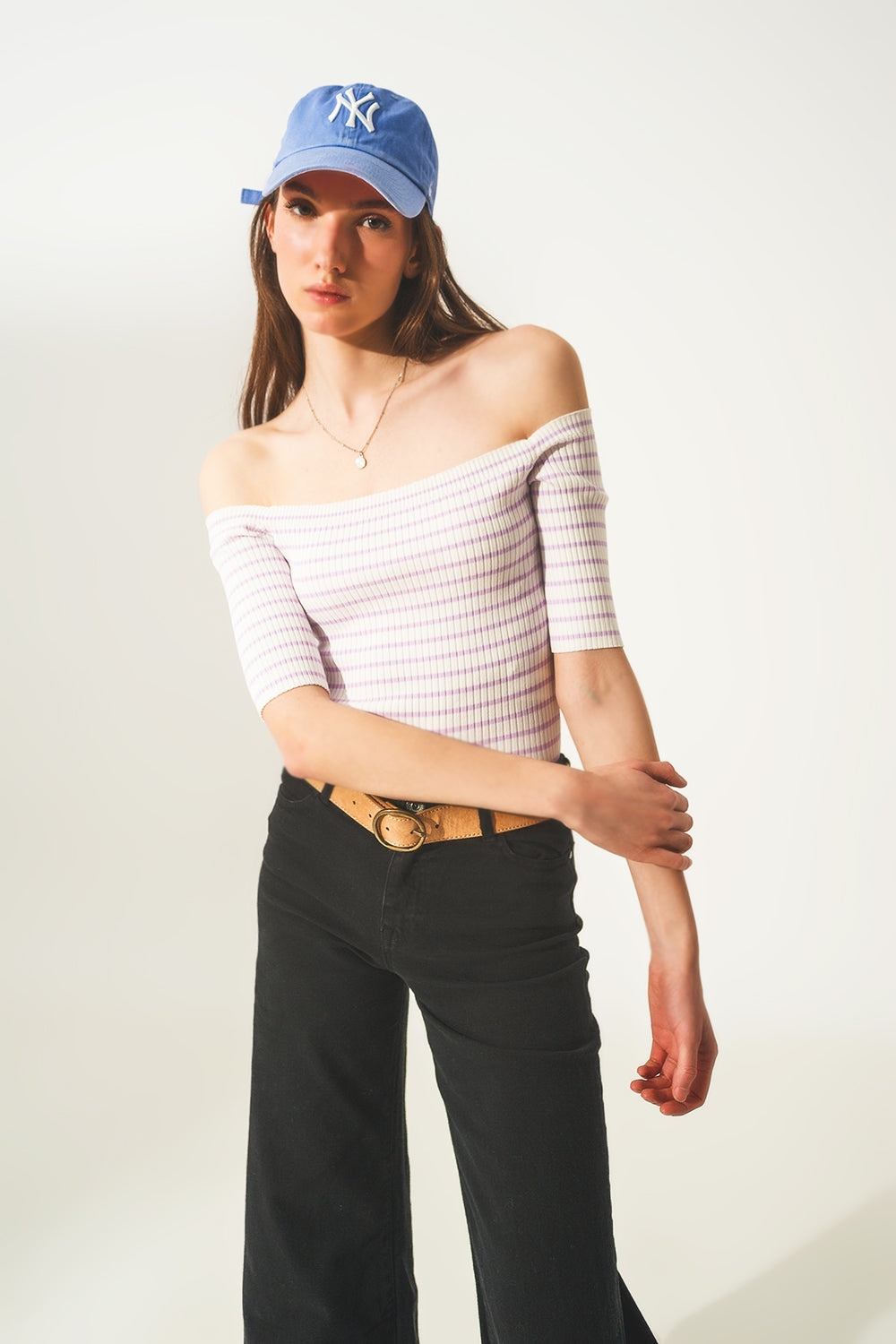 Stripe bardot top in lilac - T-shirts
