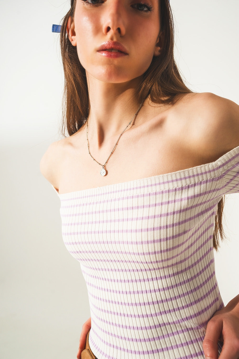 Stripe bardot top in lilac - T-shirts