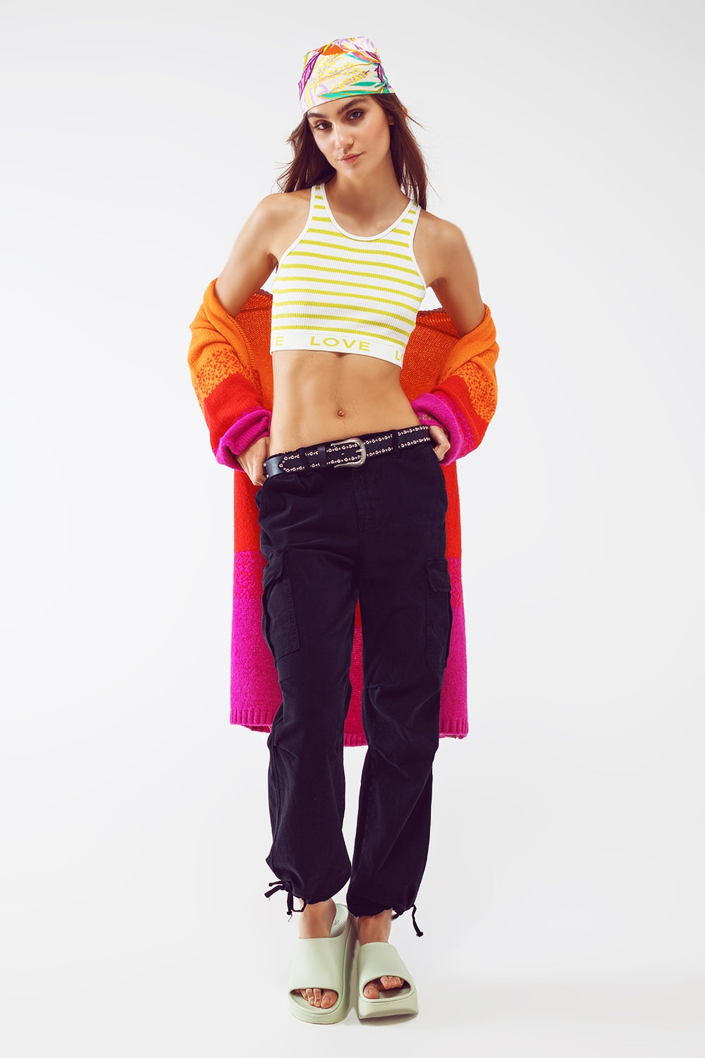 Striped Cropped Top with Love Text in Lime Green - Tops