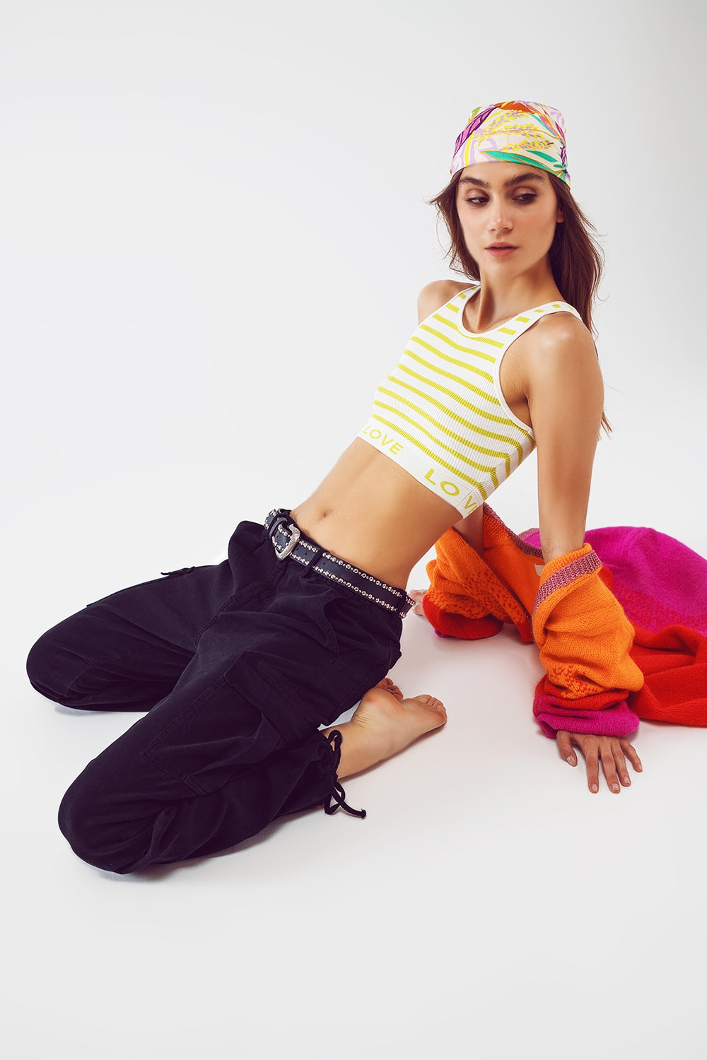 Striped Cropped Top with Love Text in Lime Green - Tops