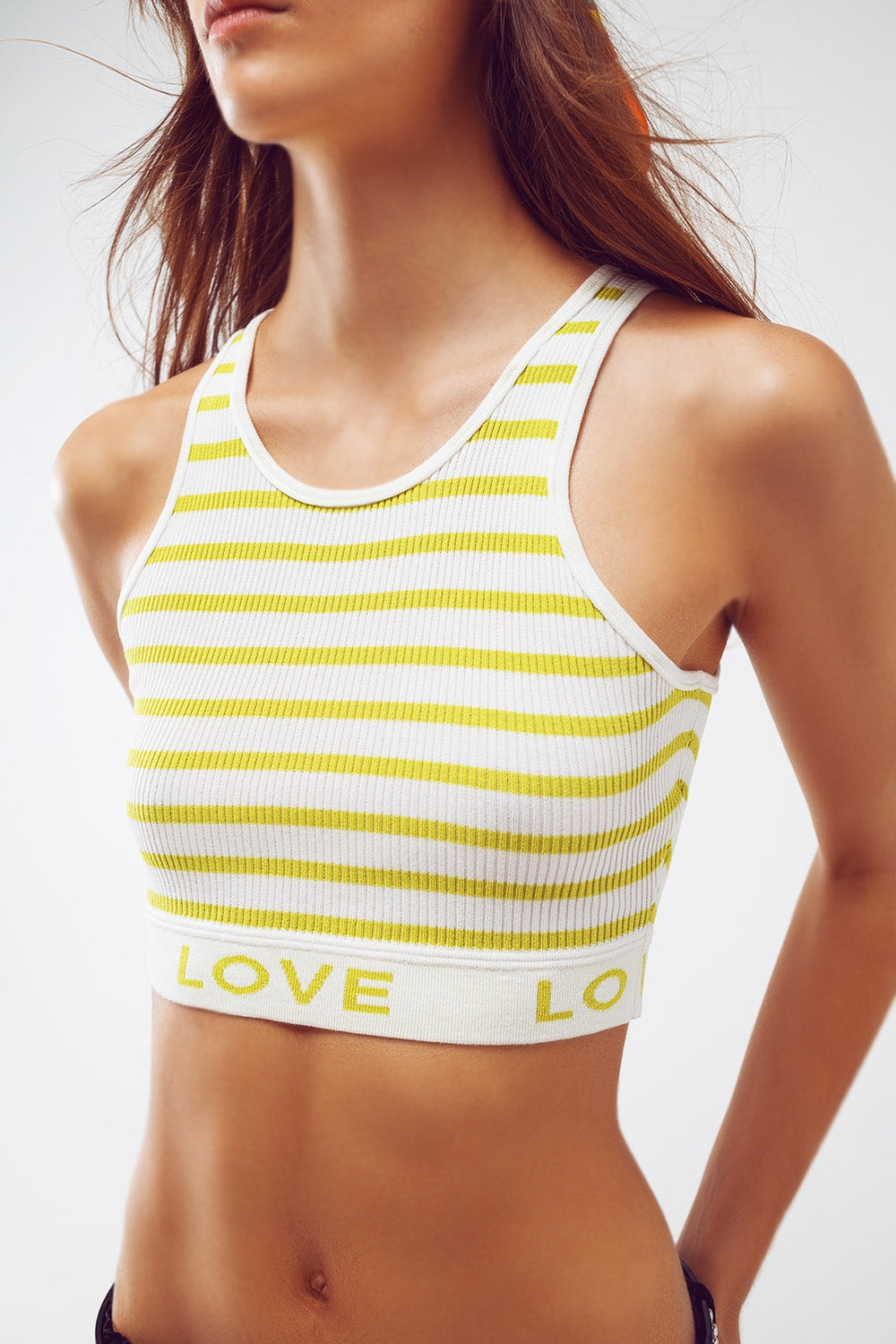 Striped Cropped Top with Love Text in Lime Green - Tops