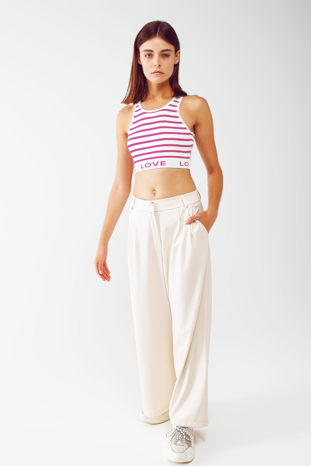 Striped Cropped Top with Love Text in pink - Sweaters
