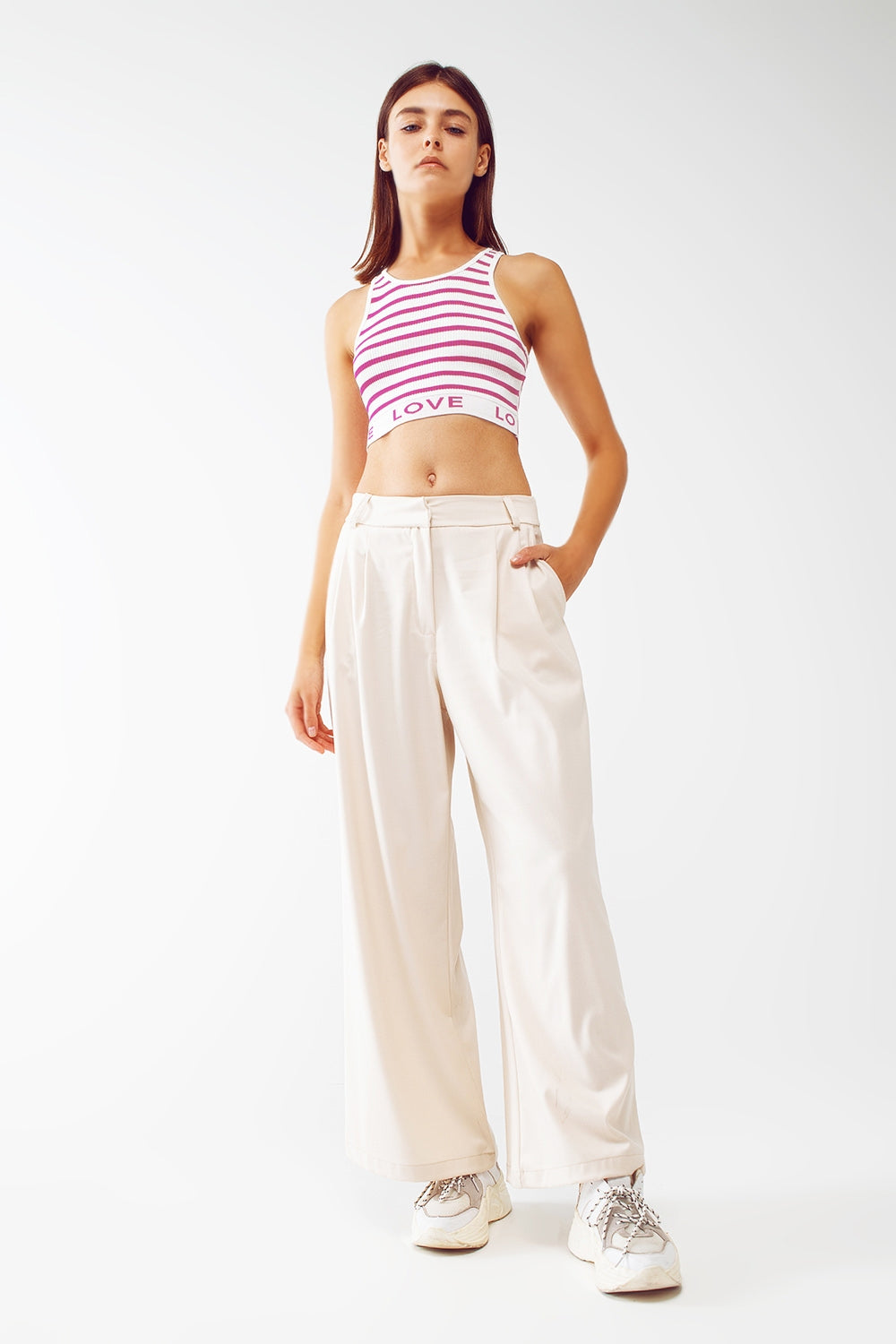 Striped Cropped Top with Love Text in pink - Sweaters