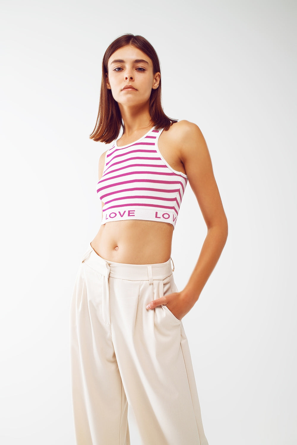 Striped Cropped Top with Love Text in pink - Sweaters