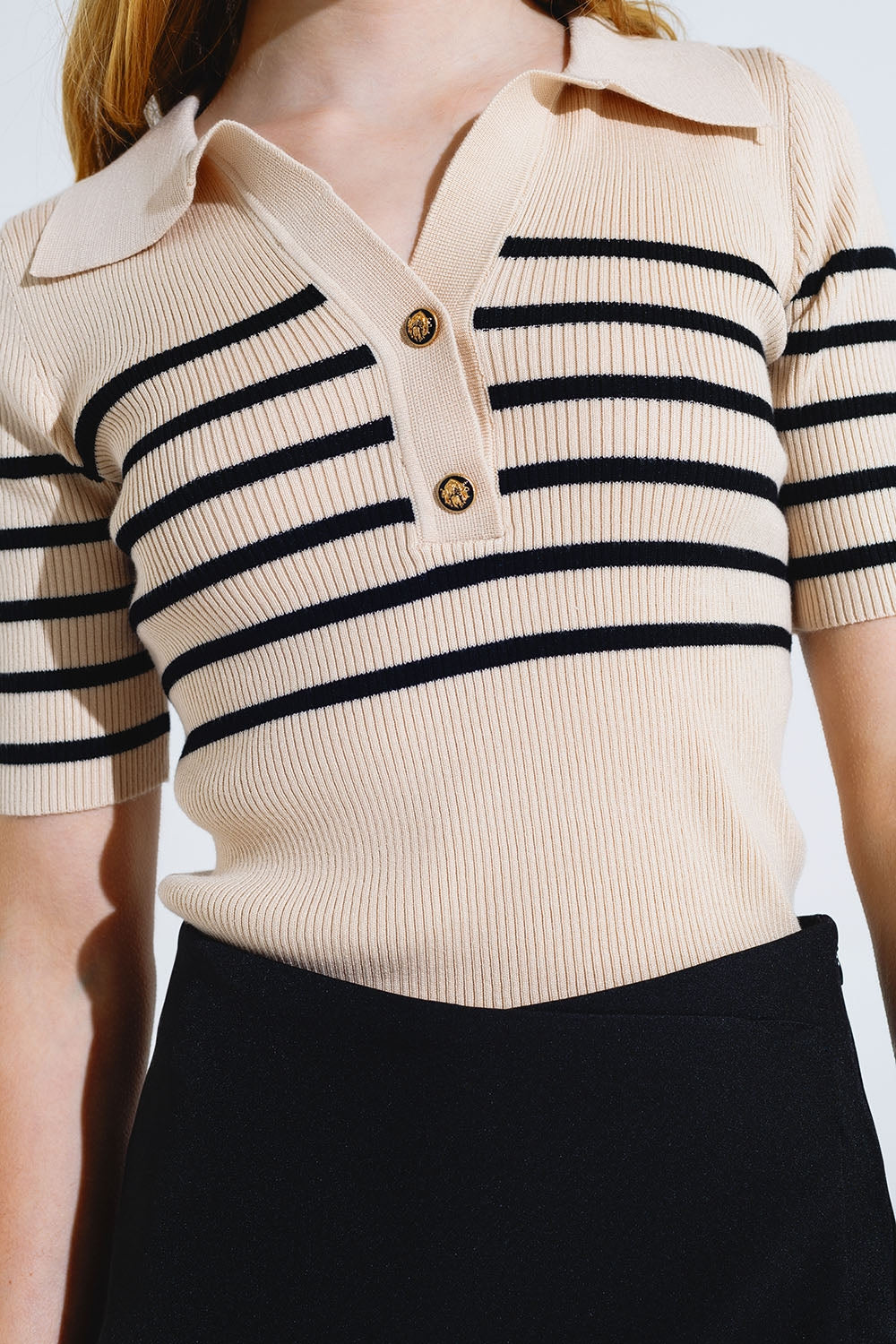 Striped polo with button detail in beige - Polos