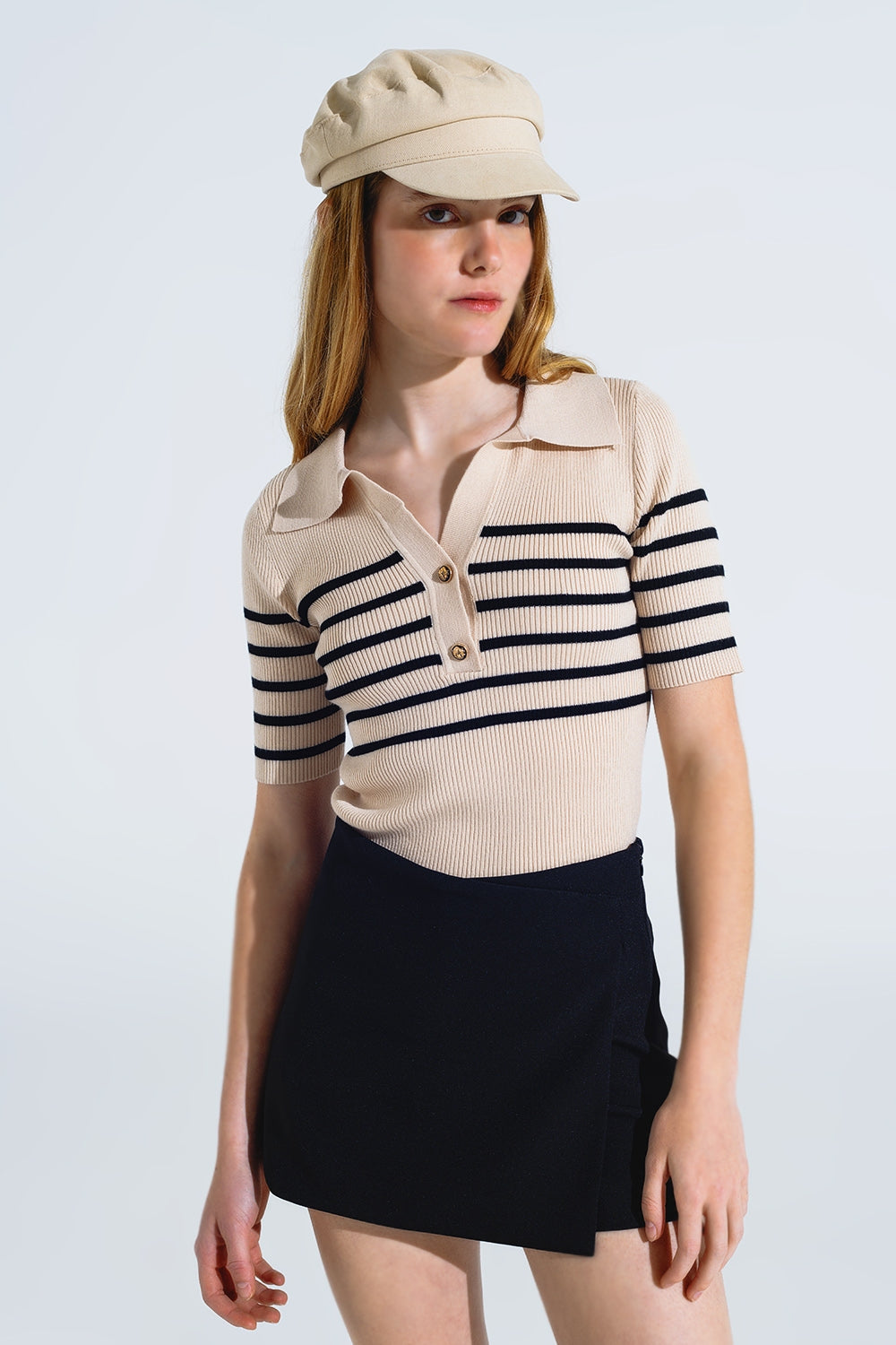 Striped polo with button detail in beige - Polos