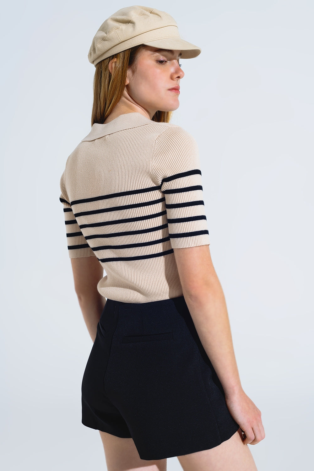 Striped polo with button detail in beige - Polos