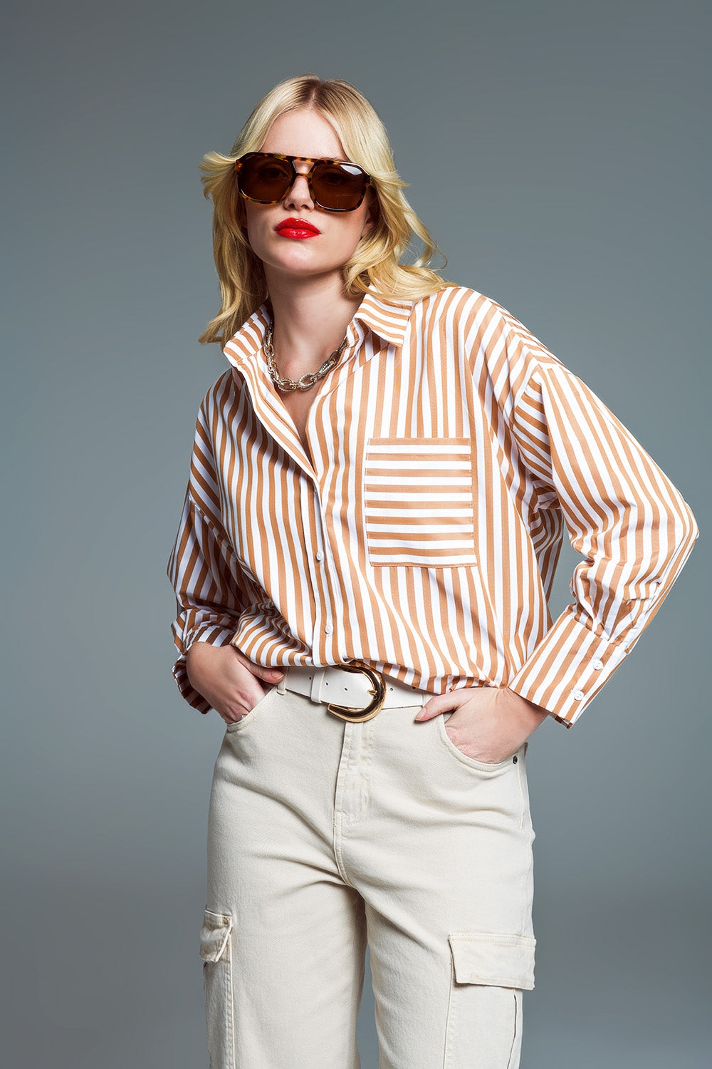 Striped Relaxed shirt With Contrasting Pocket in beige - Shirts
