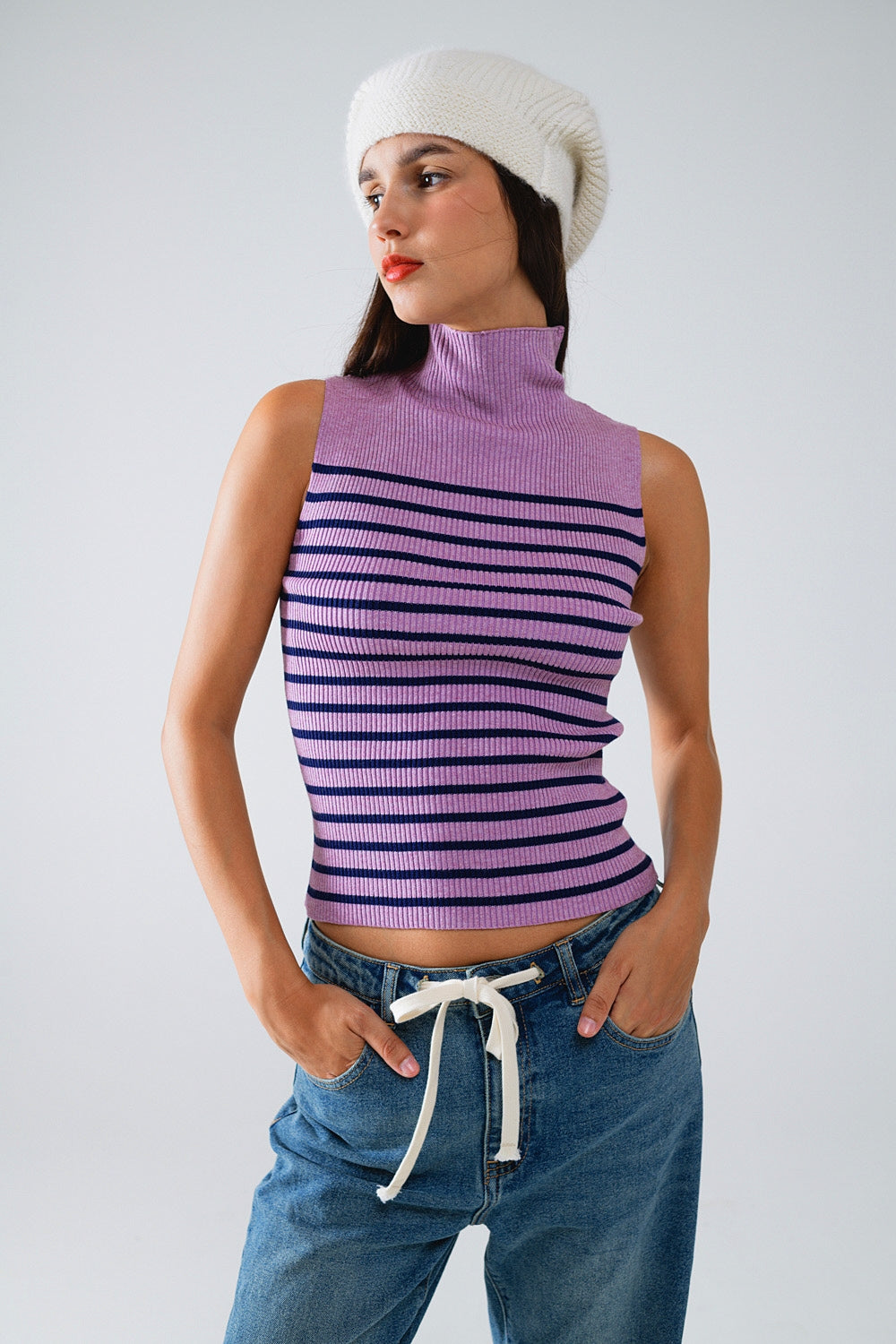 Striped Turtle Neck Tank Top In Lavander - Jumpers