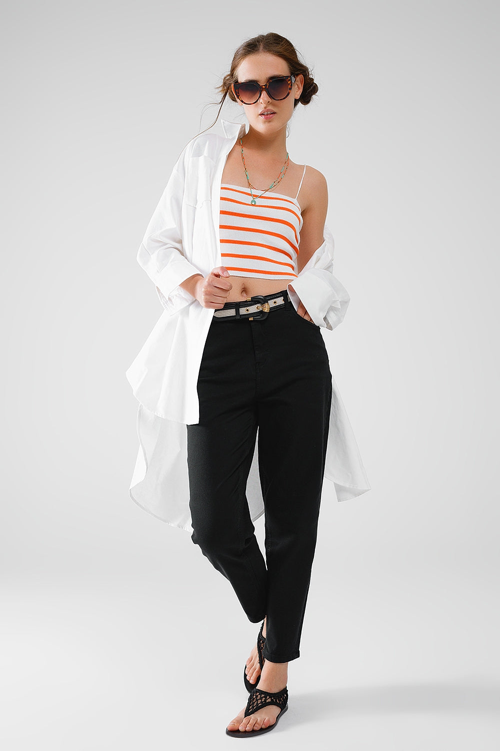 Striped White and Orange Top With Square Neckline Q2 Tops BoutiqueLua