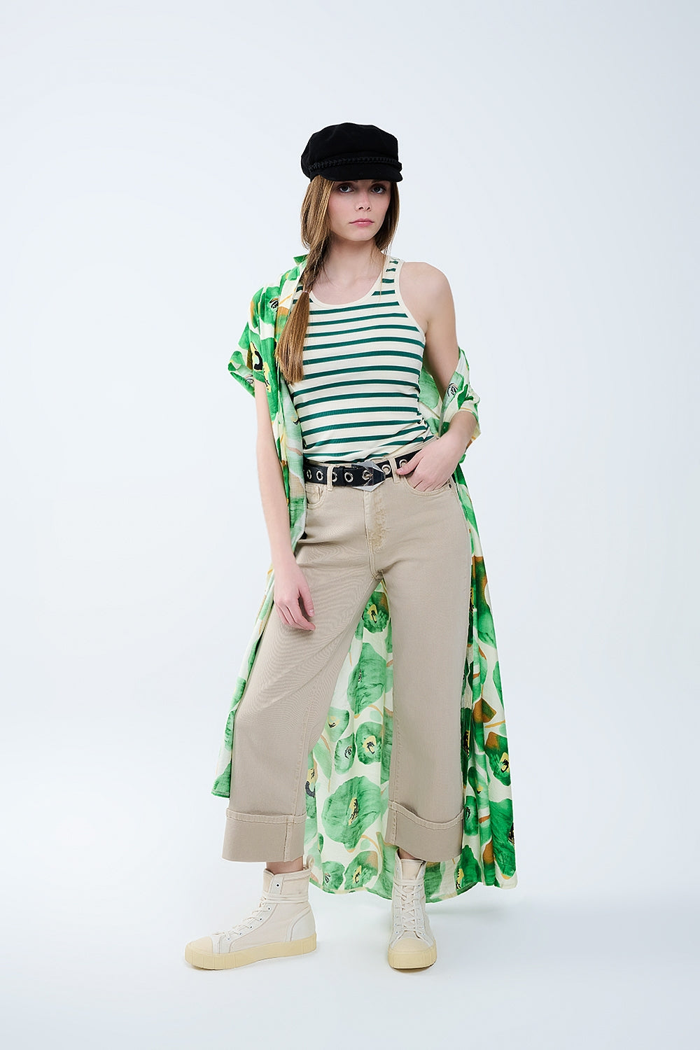 Striped White Tank Top with Green - Tops