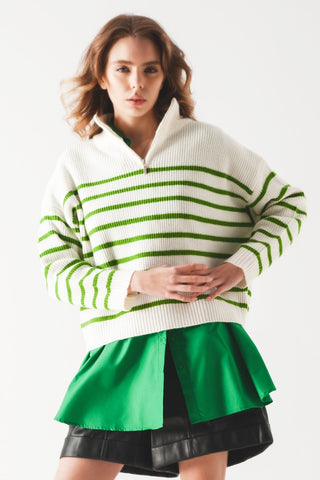 Striped zip up collar detail sweater in green