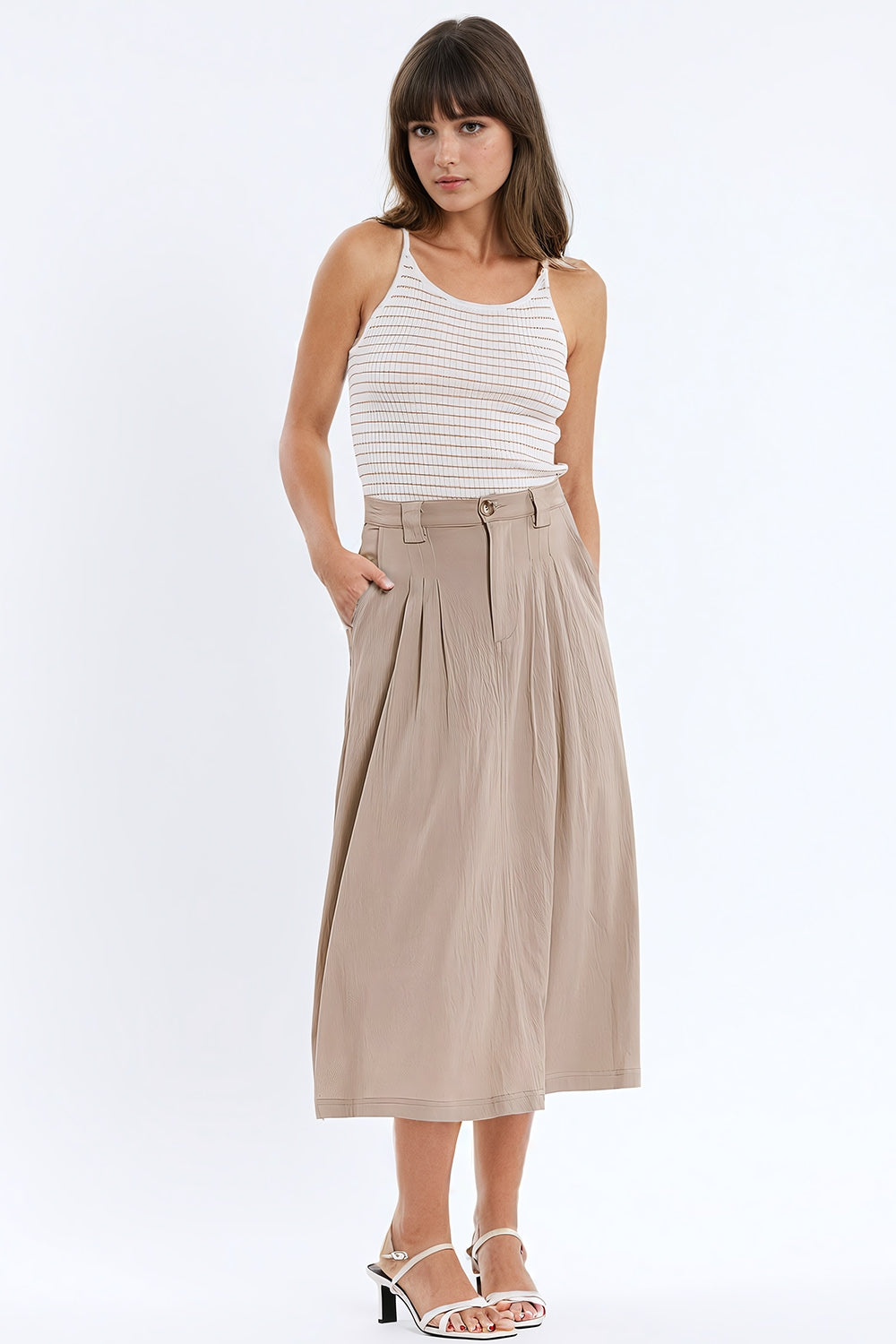 Stripped Ribbed Basic Tank Top In White And Brown Q2 Sweaters BoutiqueLua