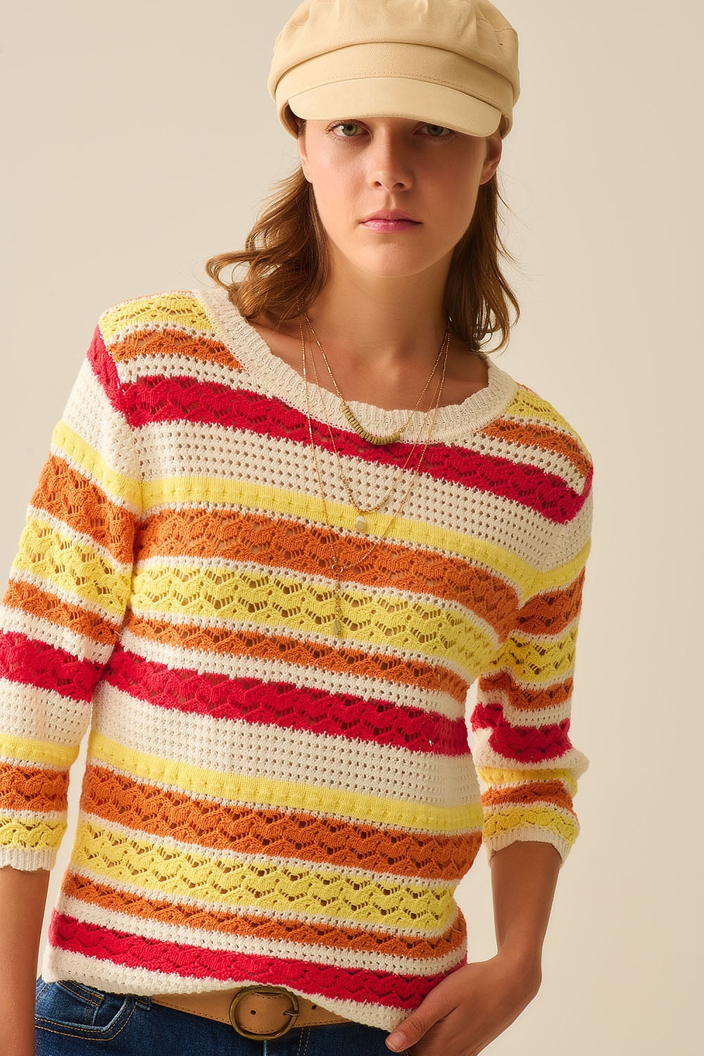 Summer Knitted Striped Sweater in Warm Tones - Jumpers