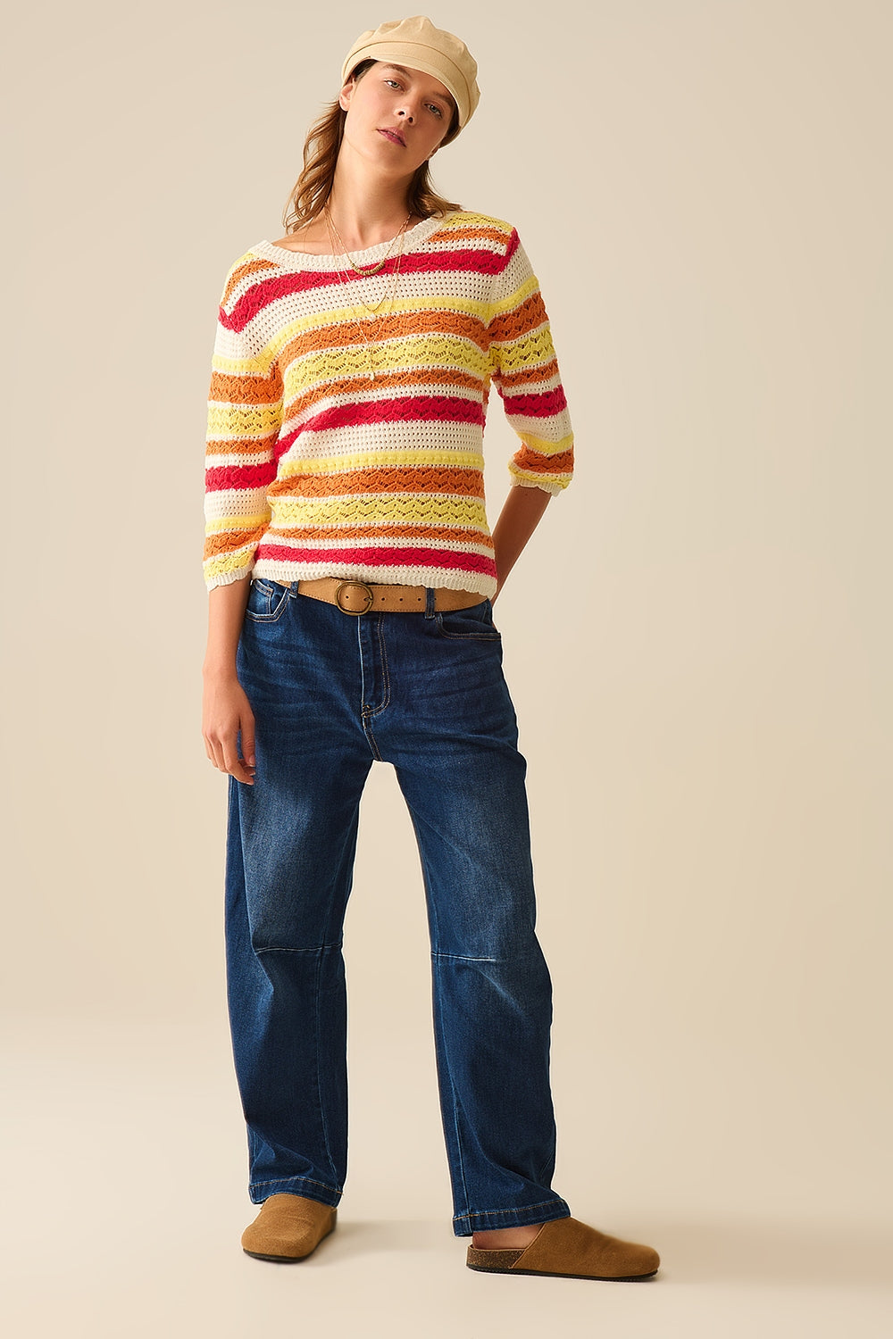 Summer Knitted Striped Sweater in Warm Tones - Jumpers