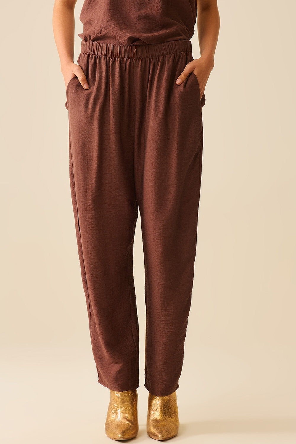 Summery Pants With Elastic Waist and Pockets In Brown - Pants