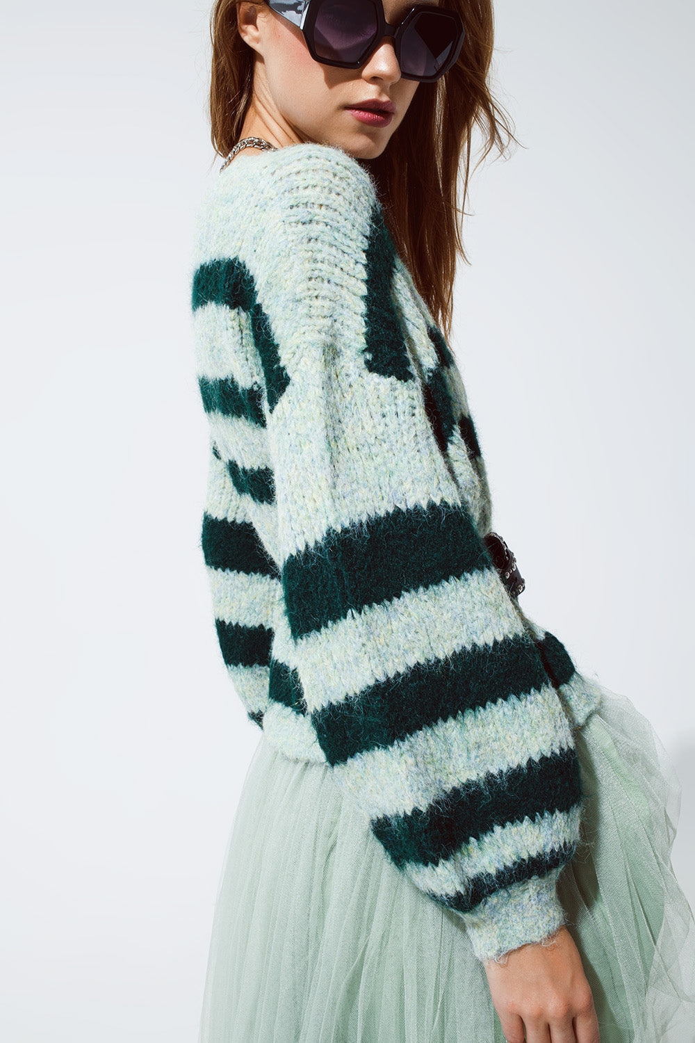 Super Fluffy Oversized Cardigan in Striped Green Design - Cardigans