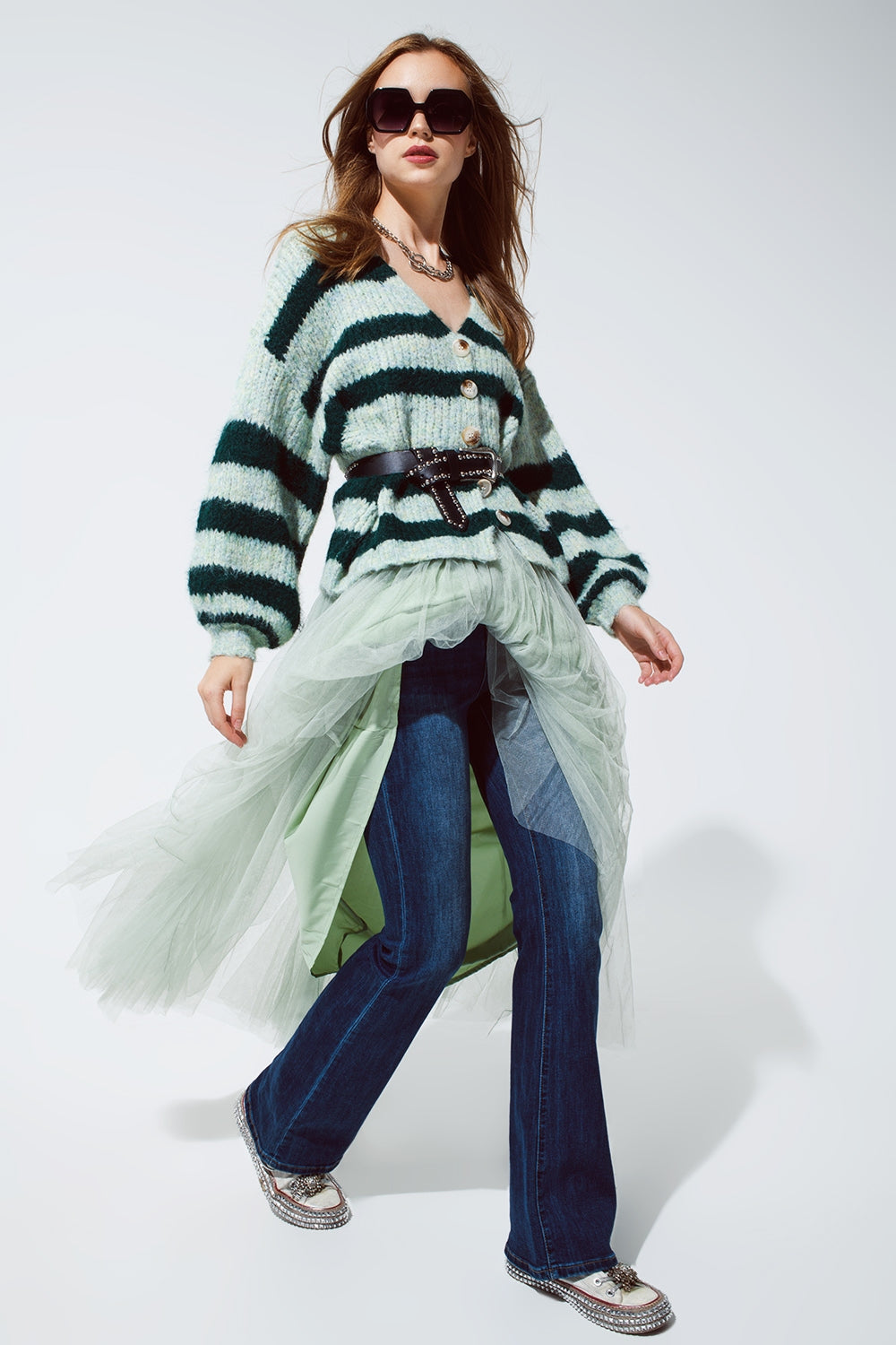 Super Fluffy Oversized Cardigan in Striped Green Design - Cardigans