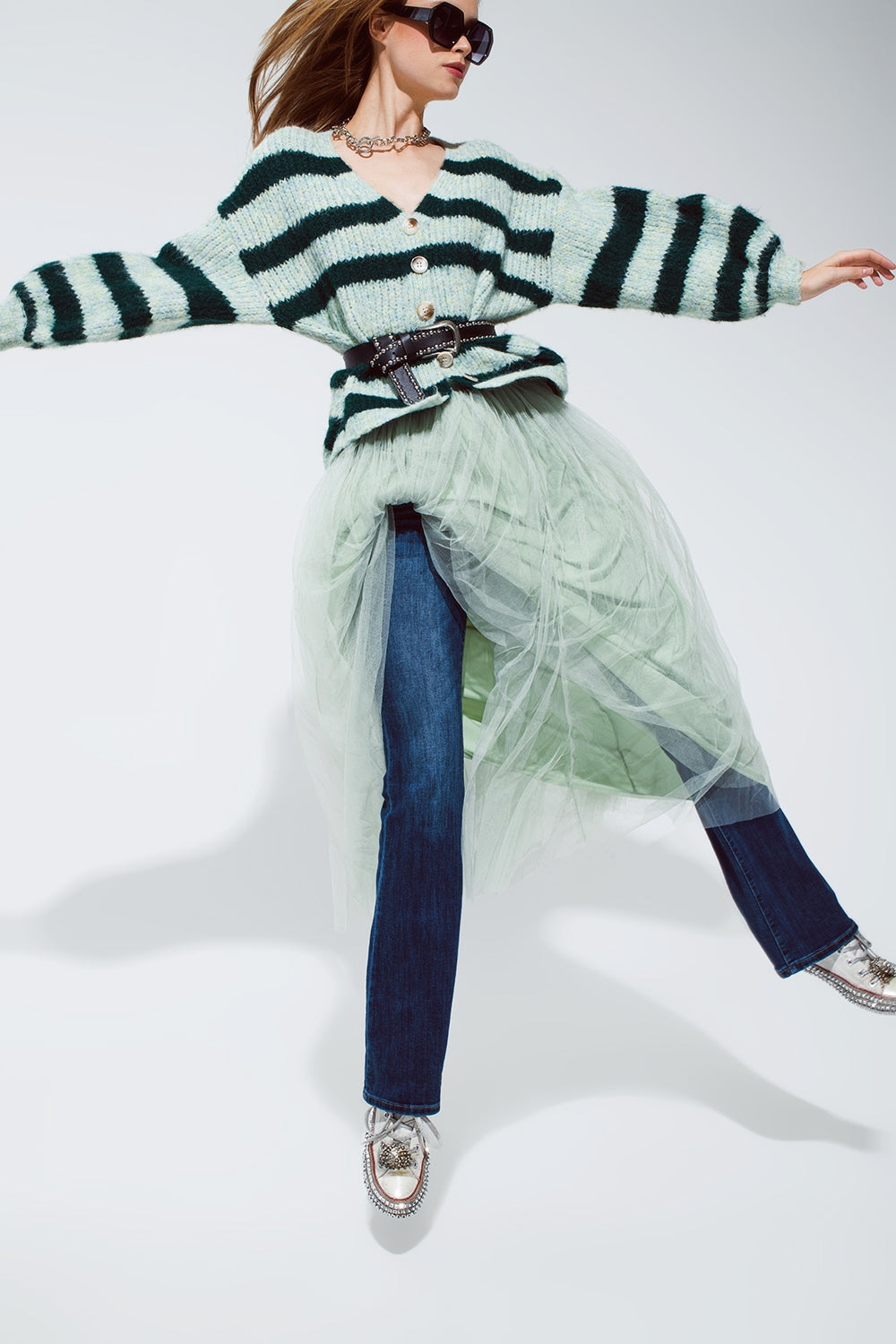 Super Fluffy Oversized Cardigan in Striped Green Design - Cardigans