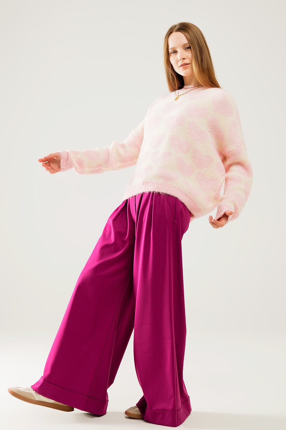 Super Soft Oversized Cream Sweater With Pink Hearts All Over