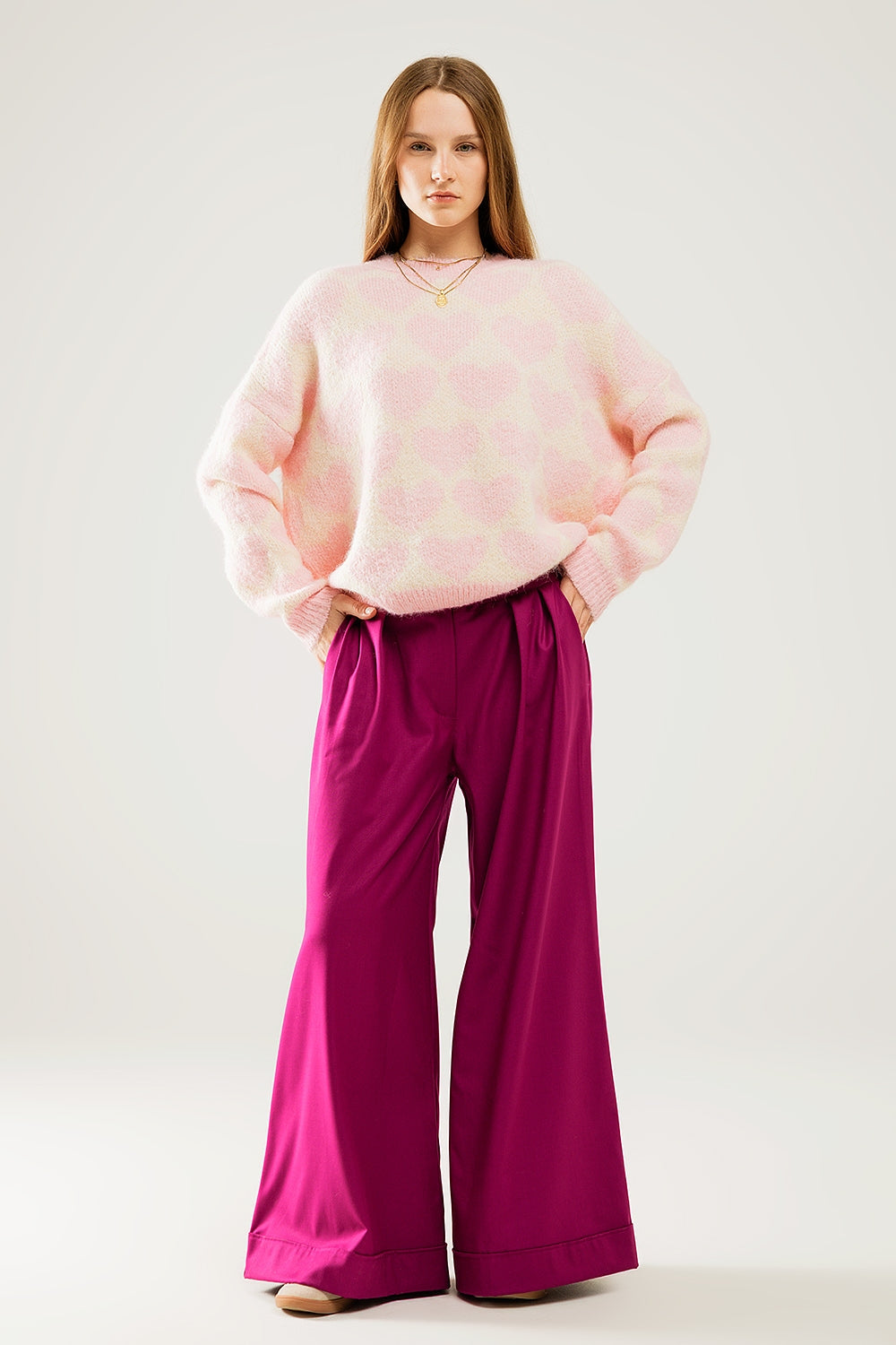 Super Soft Oversized Cream Sweater With Pink Hearts All Over