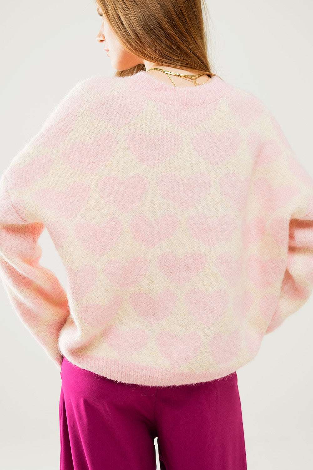 Super Soft Oversized Cream Sweater With Pink Hearts All Over