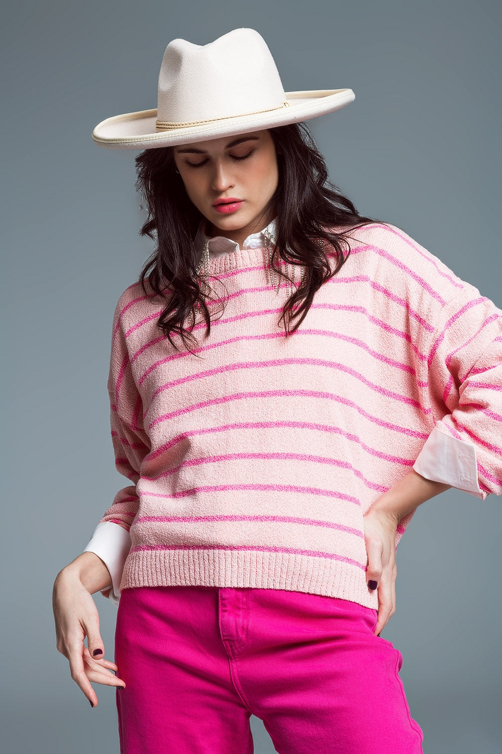 Sweater With Drop Shoulders with Fuchsia Stripes Q2 Sweaters BoutiqueLua
