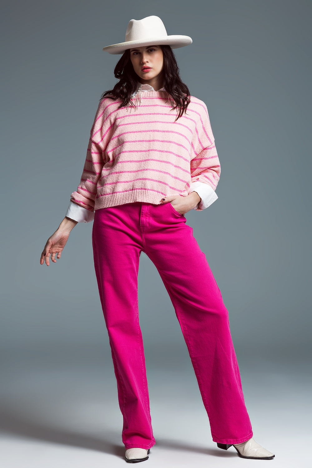Sweater With Drop Shoulders with Fuchsia Stripes Q2 Sweaters BoutiqueLua