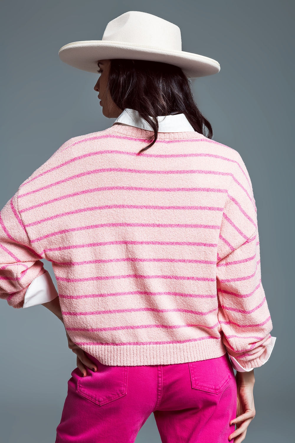 Sweater With Drop Shoulders with Fuchsia Stripes Q2 Sweaters BoutiqueLua