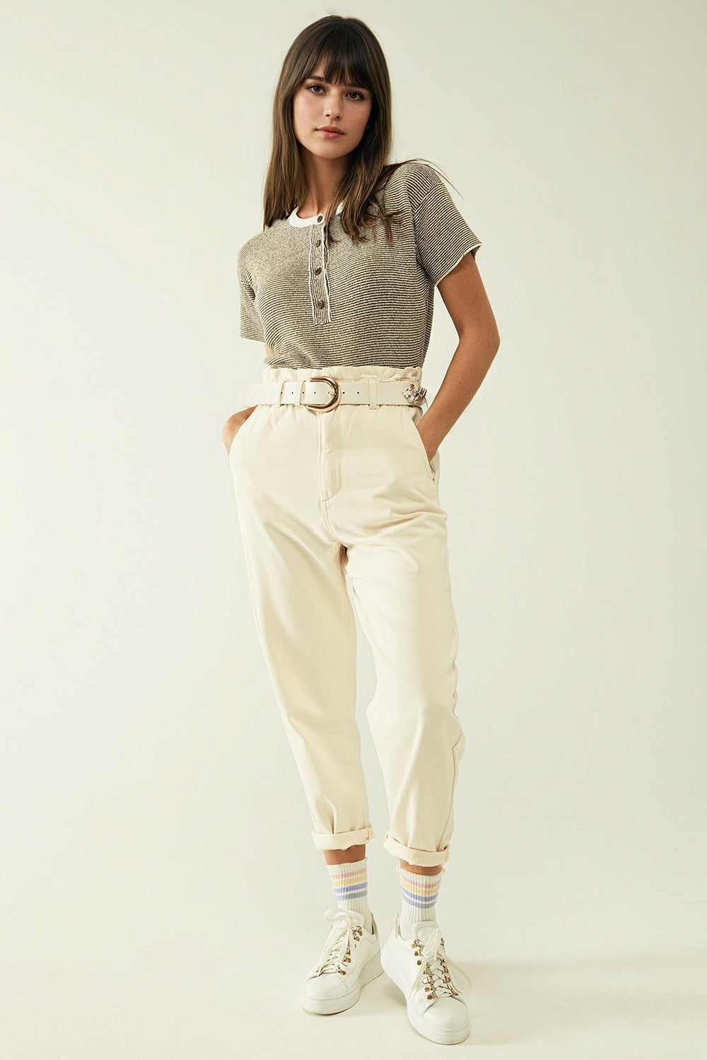 sweater with khaki stripes and gold button closure - T-shirts