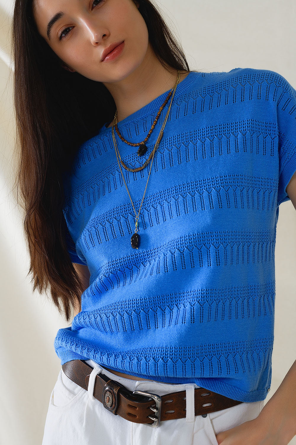 Sweatshirt In Blue With Lace Design and Short sleeves Q2 Sweaters BoutiqueLua