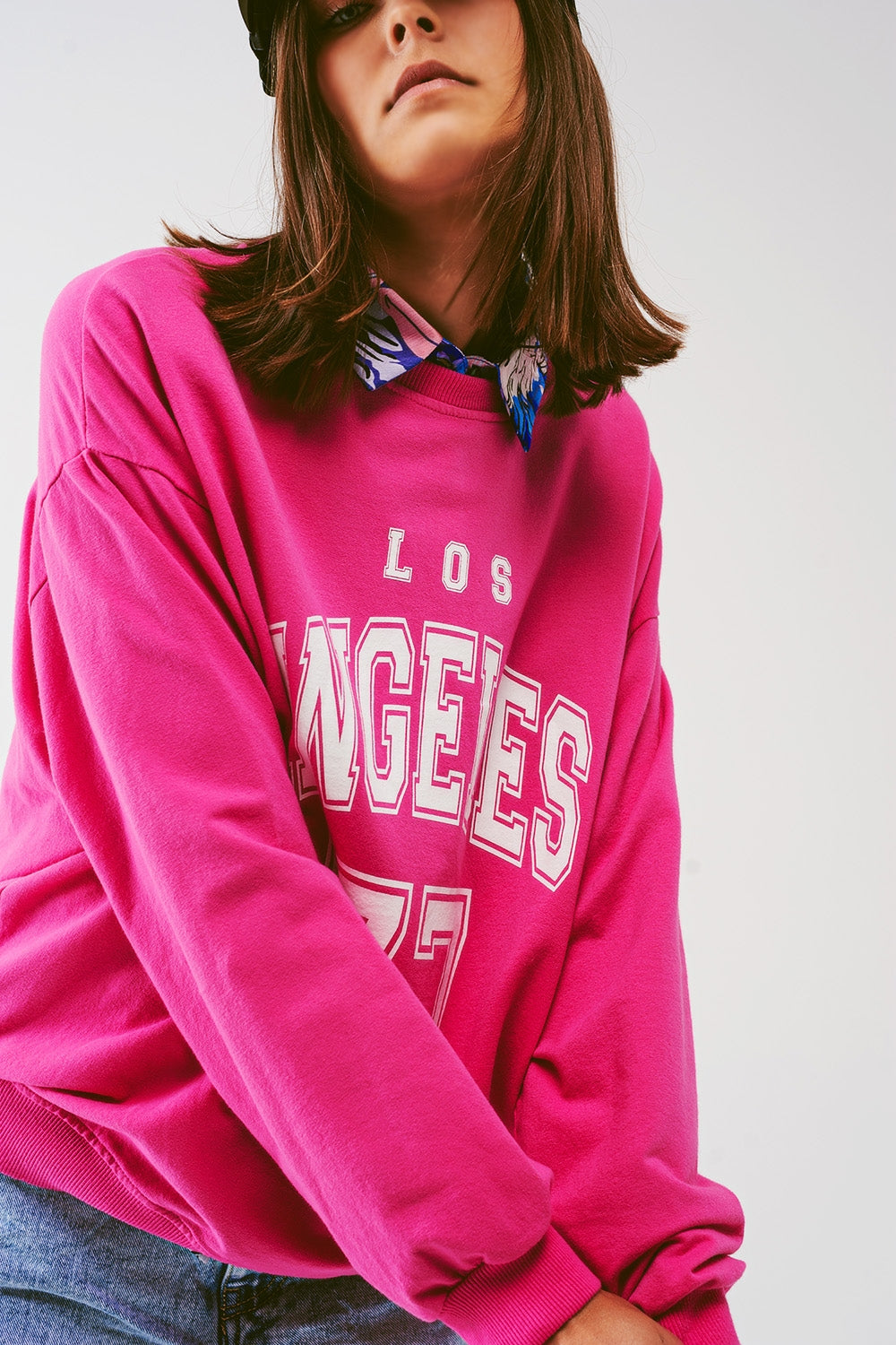 Sweatshirt with Los Angeles 77 Text in Pink - Sweaters