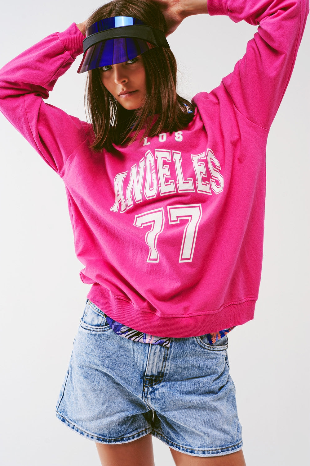 Sweatshirt with Los Angeles 77 Text in Pink - Sweaters