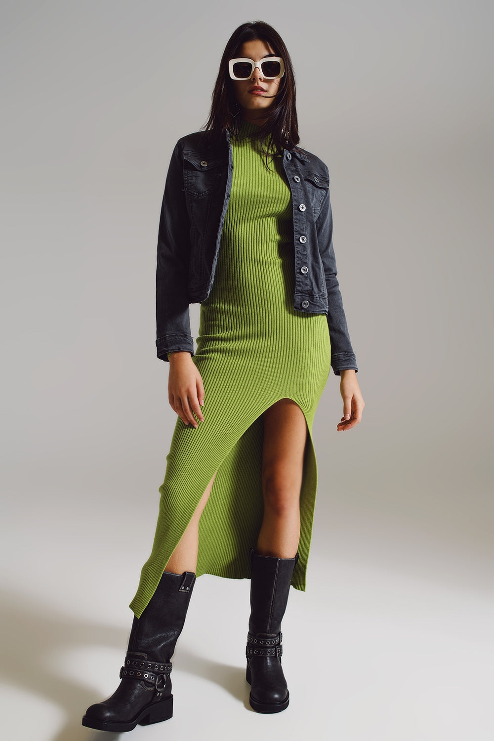 Tailored denim trucker jacket in stone grey Q2 Coats and Jackets BoutiqueLua