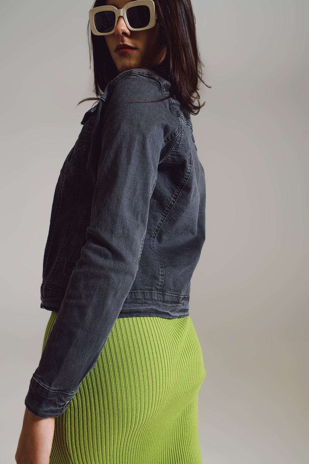 Tailored denim trucker jacket in stone grey Q2 Coats and Jackets BoutiqueLua
