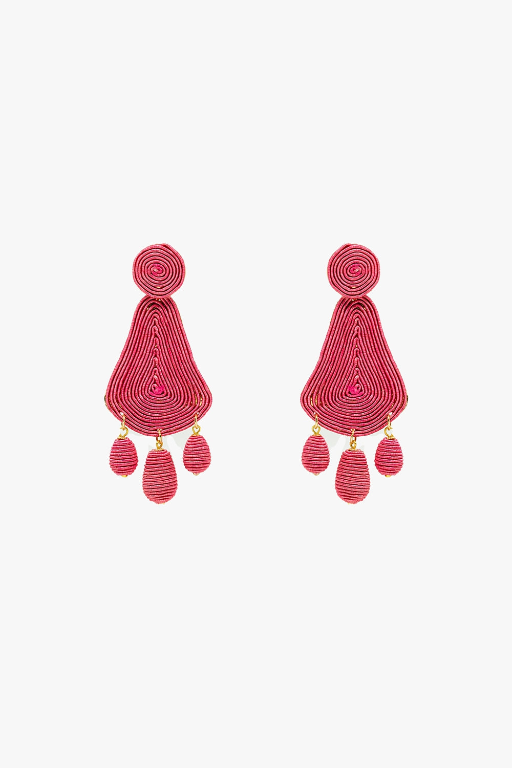 Tear drop Rafia Earrings With Oval Beads In Fuchsia - Accessories