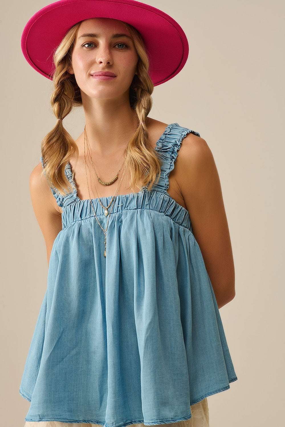 Tencel fabric Top with Rouched Straps in Blue - Tops