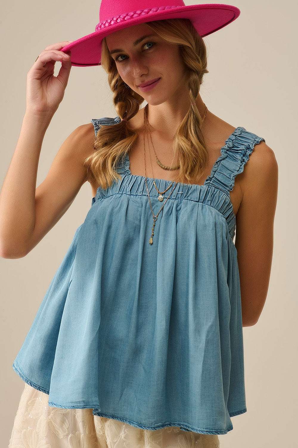 Tencel fabric Top with Rouched Straps in Blue - Tops