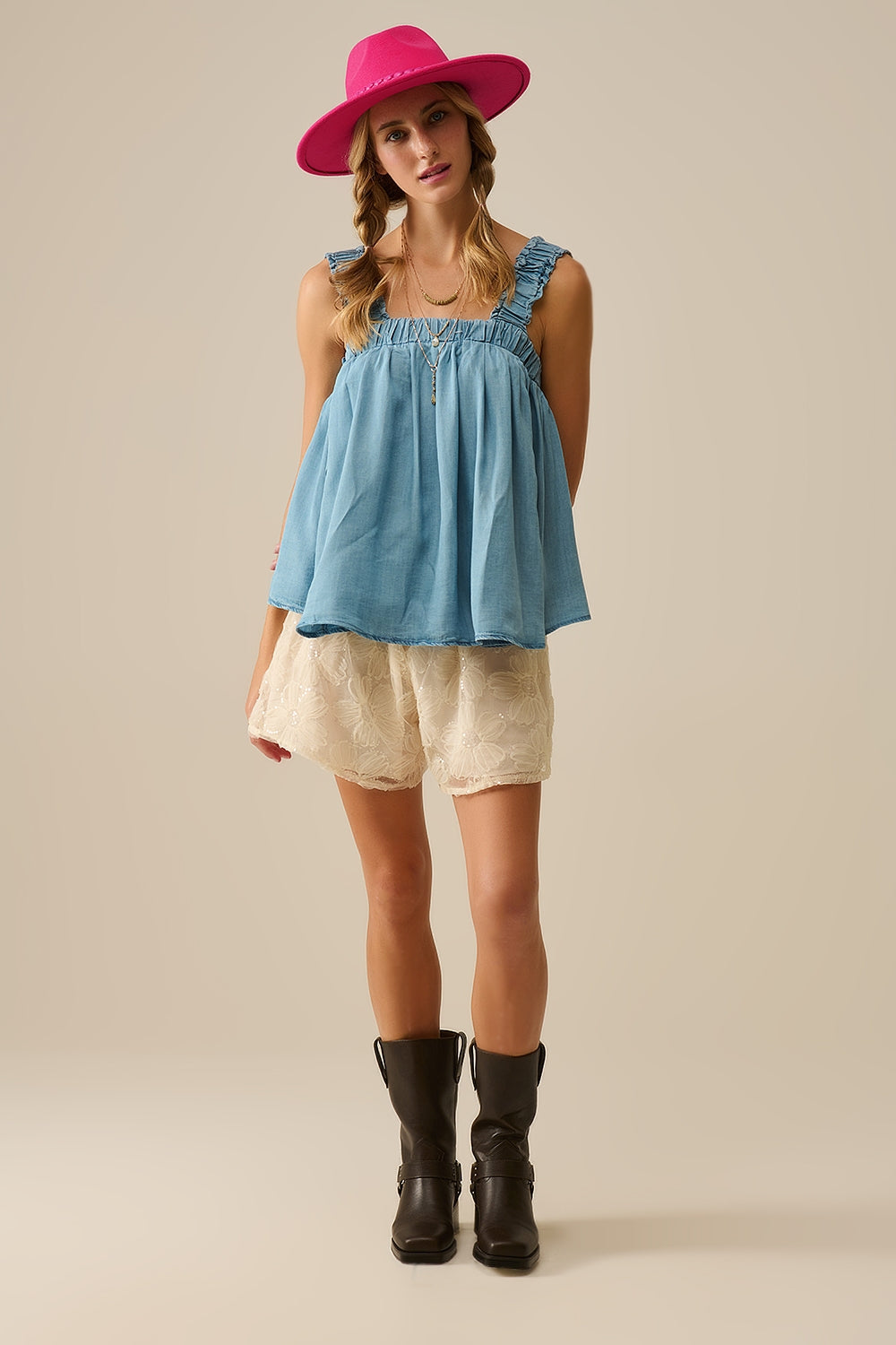Tencel fabric Top with Rouched Straps in Blue - Tops