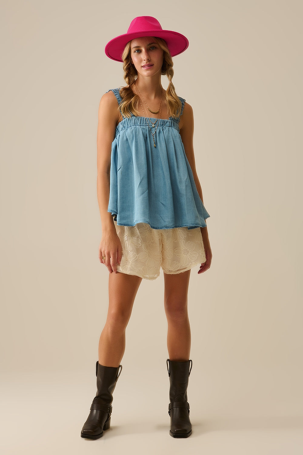 Tencel fabric Top with Rouched Straps in Blue - Tops