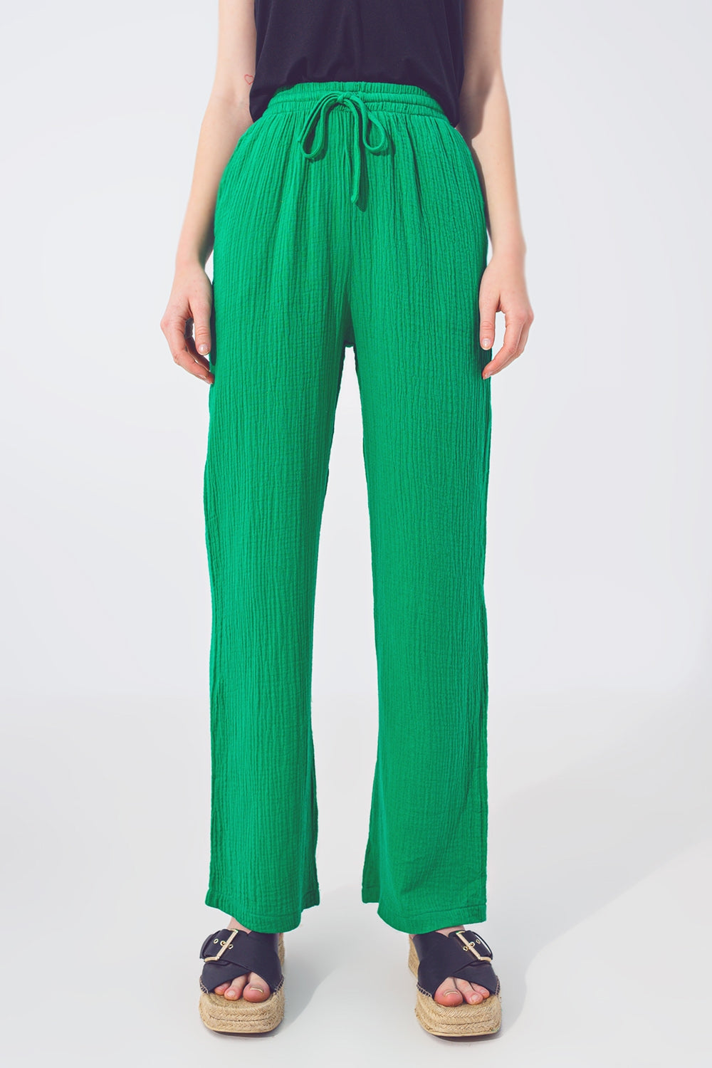 Textured Loose Fit Pants in Green Q2 Pants BoutiqueLua