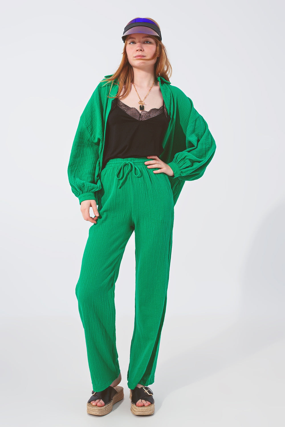 Textured Loose Fit Pants in Green Q2 Pants BoutiqueLua