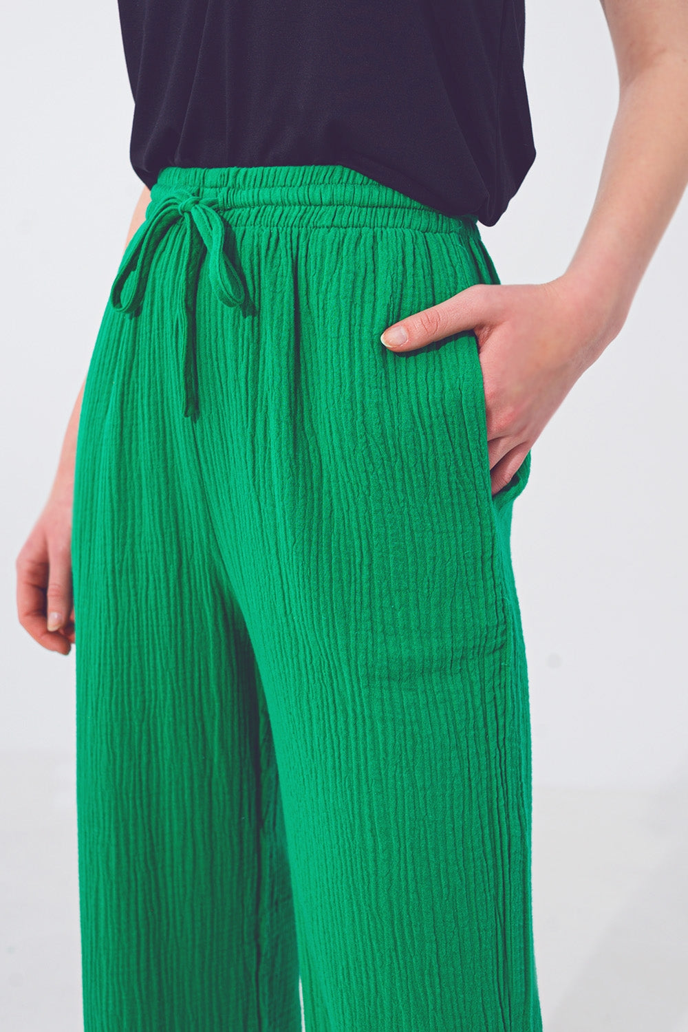 Textured Loose Fit Pants in Green Q2 Pants BoutiqueLua