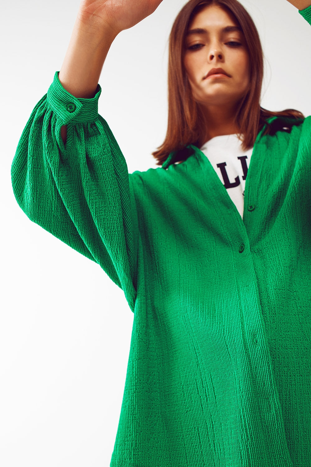 Textured Shirt With Balloon Sleeves in Green - Shirts