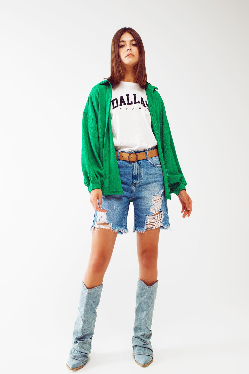 Textured Shirt With Balloon Sleeves in Green - Shirts
