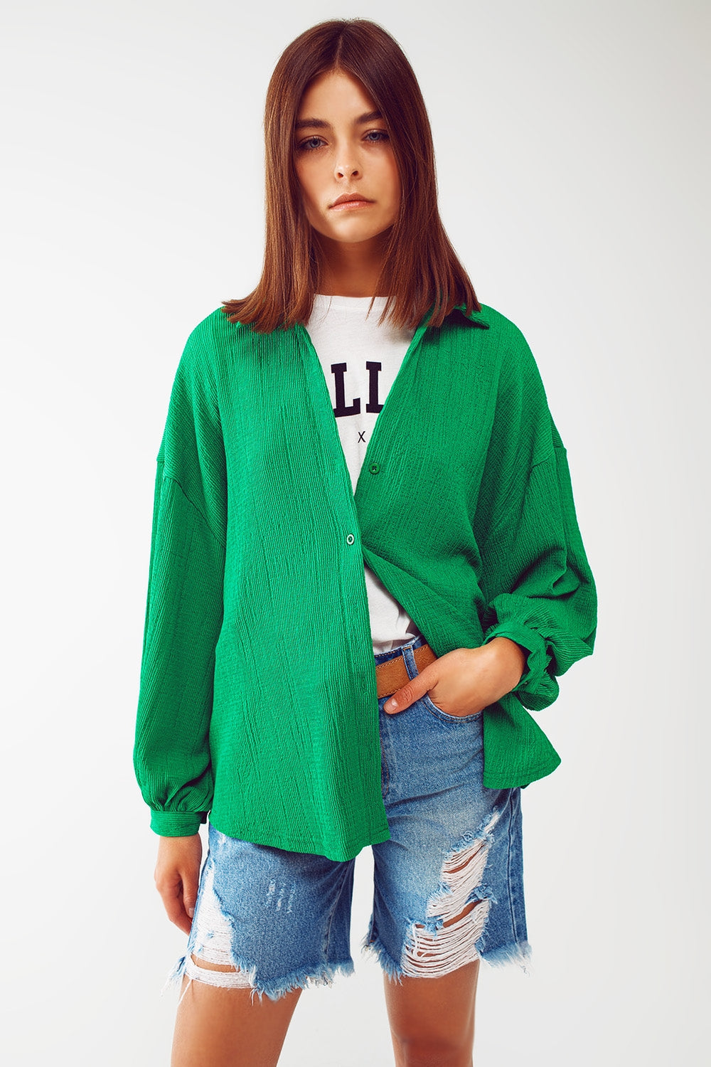 Textured Shirt With Balloon Sleeves in Green - Shirts