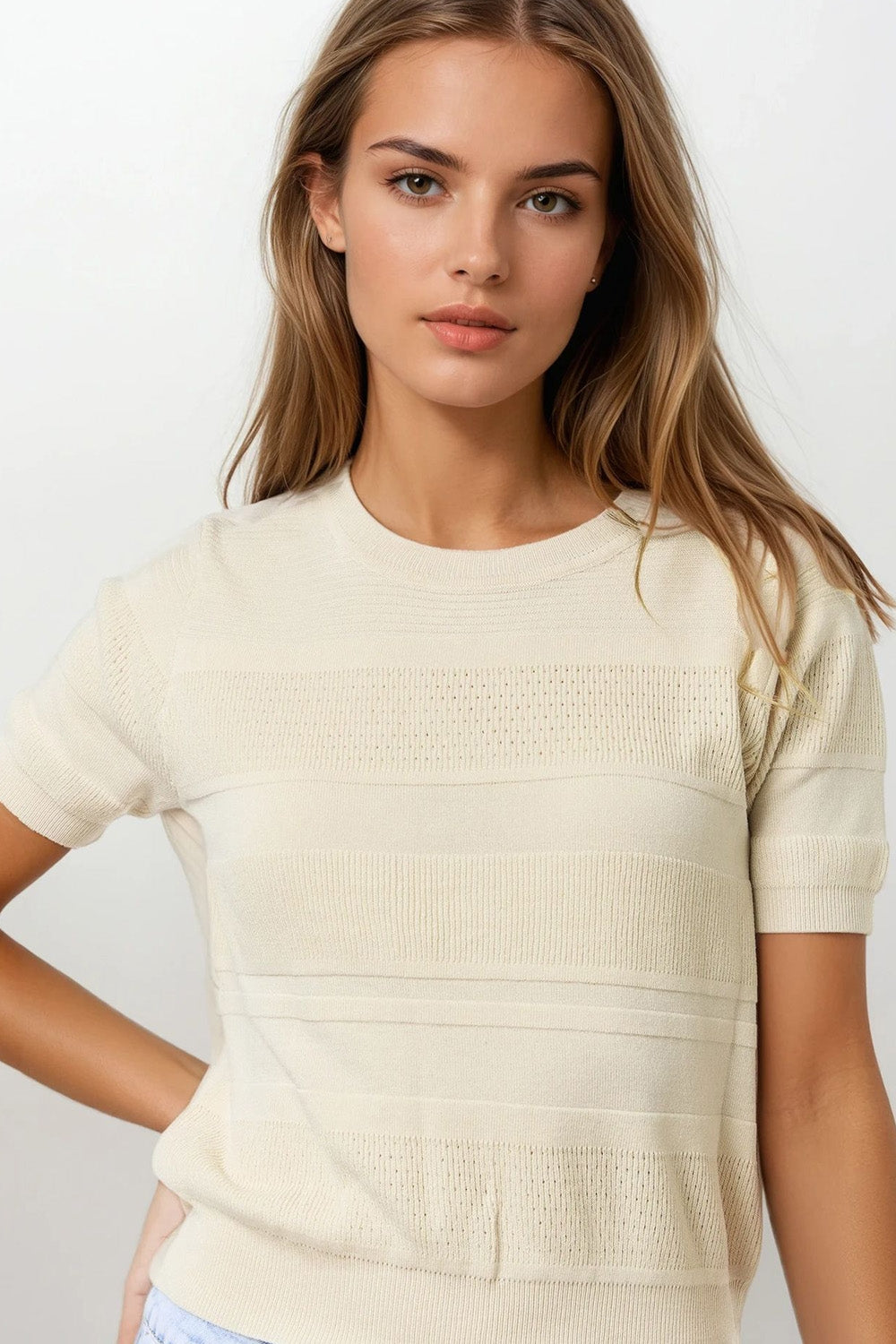 Textured Stripe Knit Sweater in Beige - Jumpers