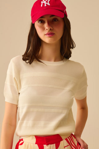 Textured Stripe Knit Sweater in White