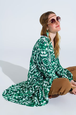 Tie Dye Print Short Dress With Long Sleeves And Lace Trim in Green